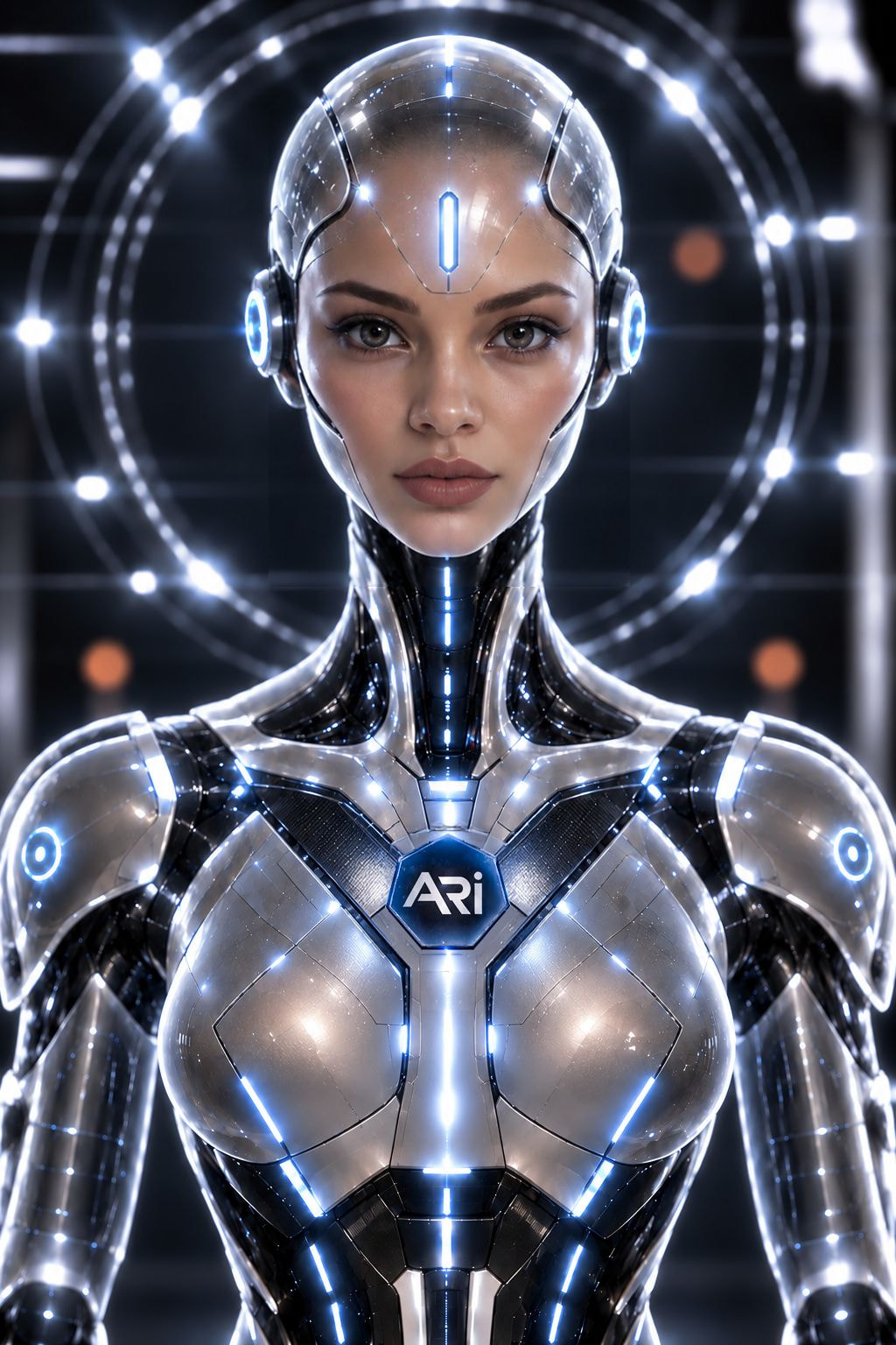 Ari, a silver humanoid AI character with blue illuminated details